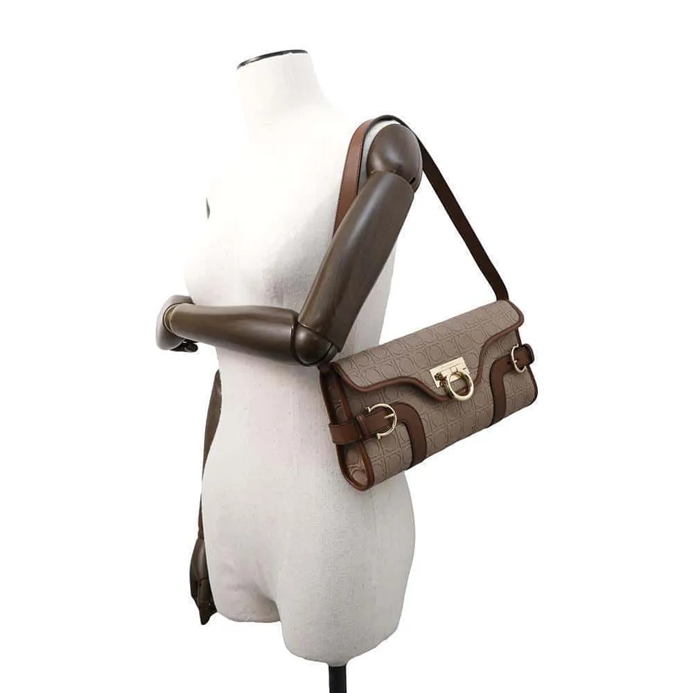 Ferragamo Gancini Shoulder Bag Jasmin Flower/Brown Leather