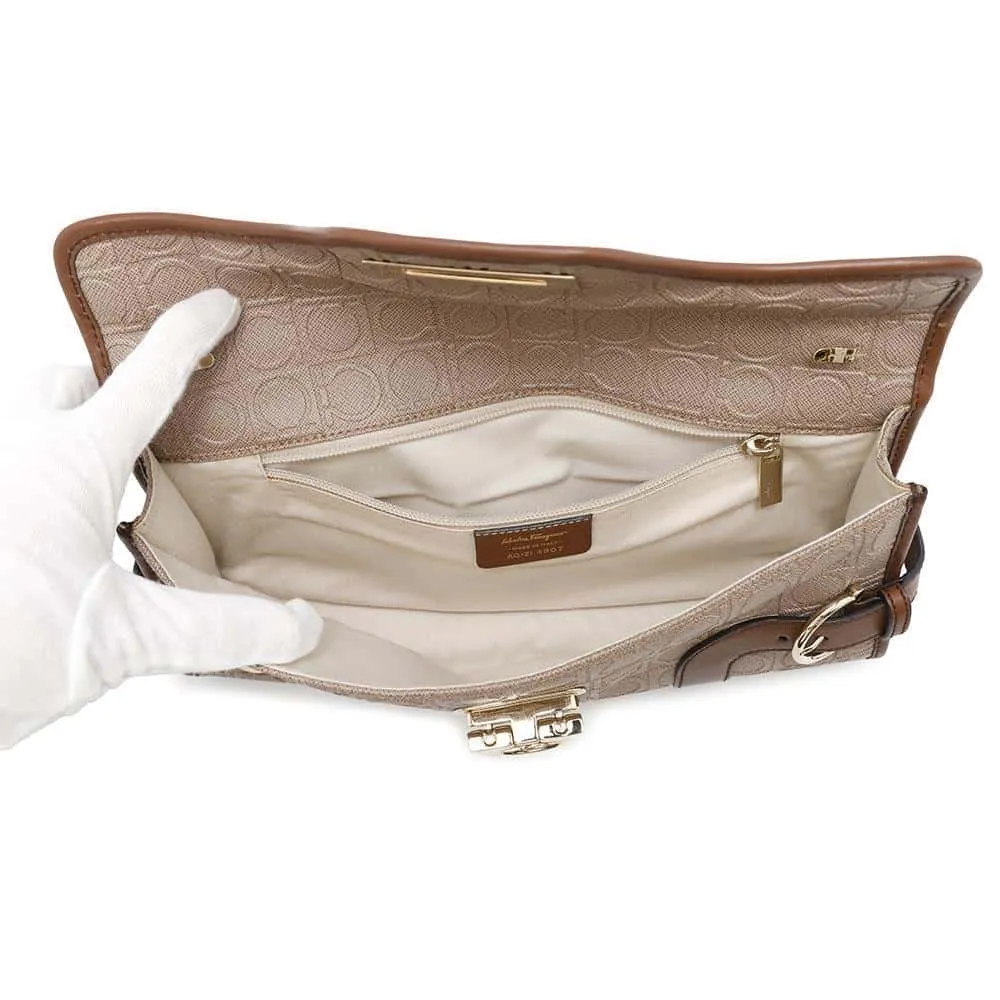 Ferragamo Gancini Shoulder Bag Jasmin Flower/Brown Leather