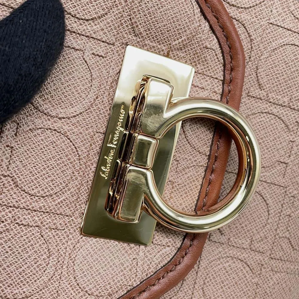 Ferragamo Gancini Shoulder Bag Jasmin Flower/Brown Leather