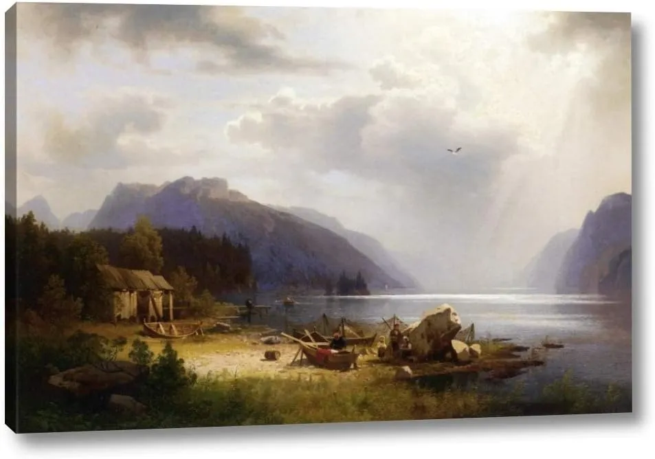 Fishing in an Alpine Lake by Herman Herzog - 11" x 16" Gallery Wrap Canvas Art Print - Ready to Hang