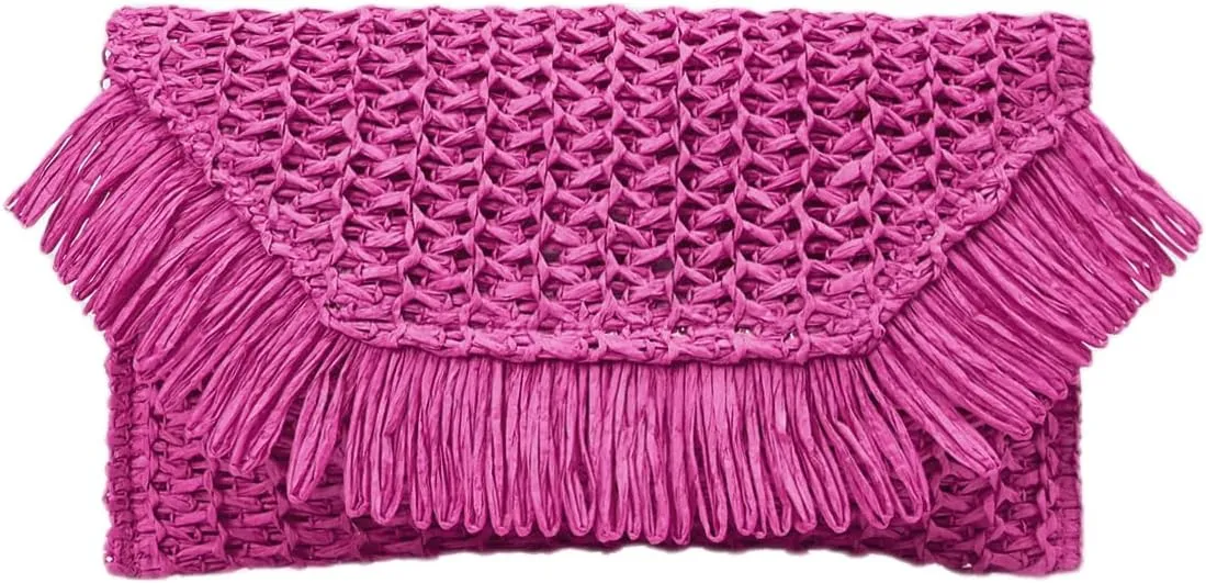 Floerns Women's Woven Straw Envelope Fringe Trim Rattan Beach Clutch Handbag