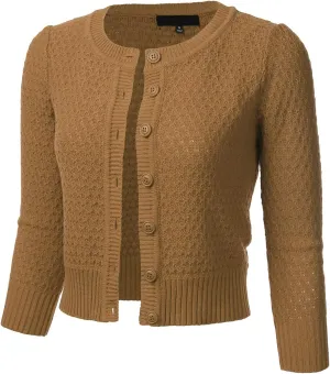 FLORIA Women's Button Down 3/4 Sleeve Crew Neck Cotton Knit Cropped Cardigan Sweater (S-3X)
