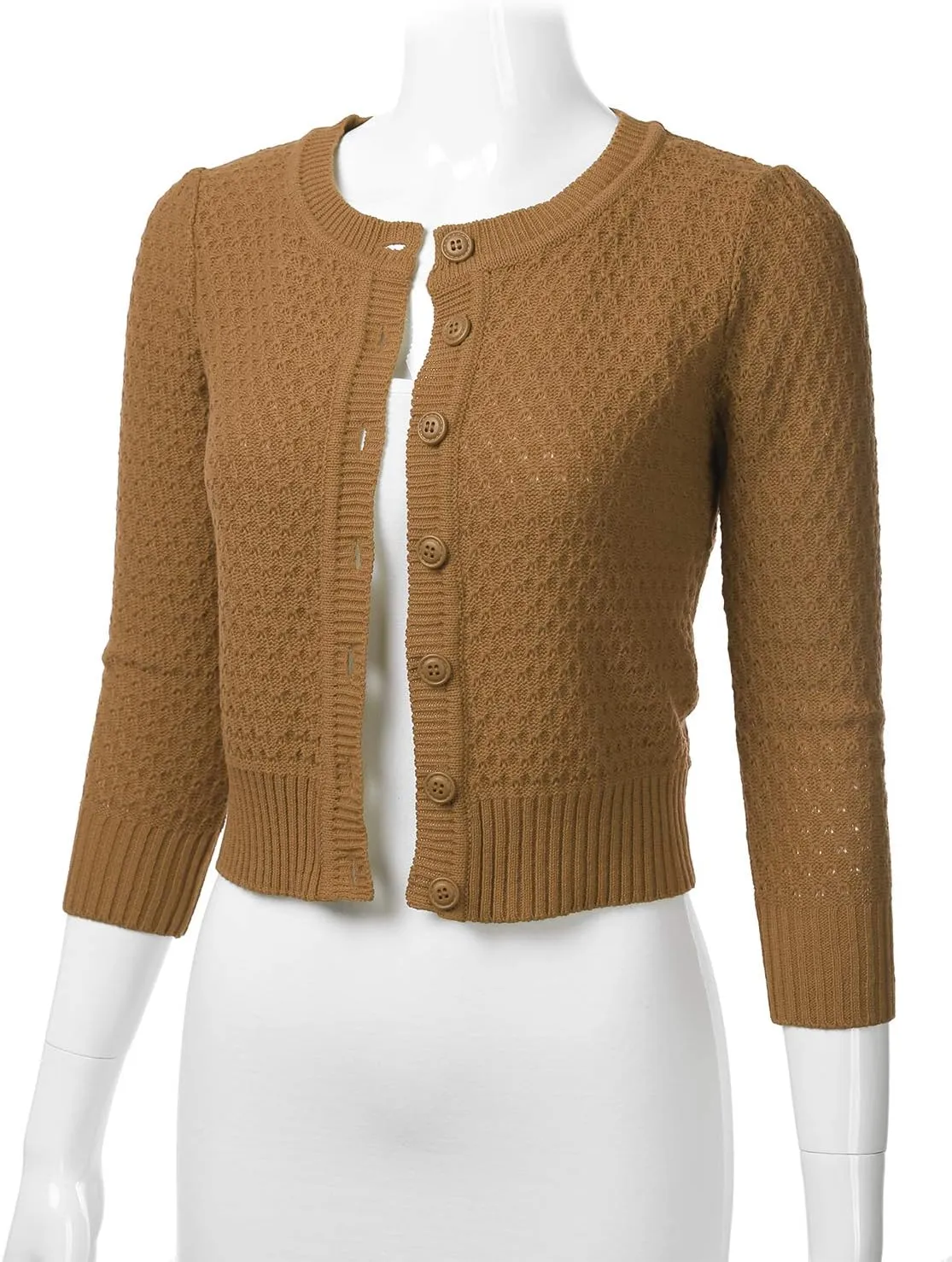 FLORIA Women's Button Down 3/4 Sleeve Crew Neck Cotton Knit Cropped Cardigan Sweater (S-3X)
