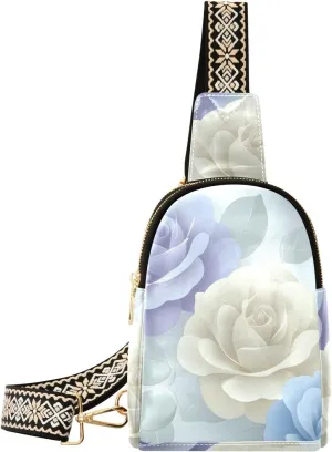 Flower Bag Small Sling Bag for Women Tile Flower White Blue Sketch Pattern Leather Crossbody Bags Chest Bag Waist Packs