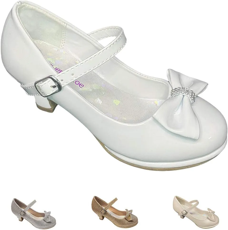 Flower Girl Dress Shoes for Weddings and Christmas - Big and Little Girl 2 Inch High Heel with Sparkle & Strap