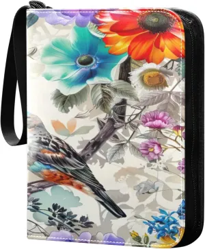 Flower with Colorful Birds Card Binder 4-Pocket, 400 Pockets PU Waterproof Zippered Collector Card Album with 50 Removable Sleeves for Trading, Game Cards