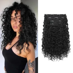 FLUFYMOOZ 4PC Clip in Hair Extensions, 14 Inch 100％ Pure Protein Silk Short Hairpiece Deep Curly Wavy Hair Extensions Clip in Natural Soft Hairpiece for Women-Black