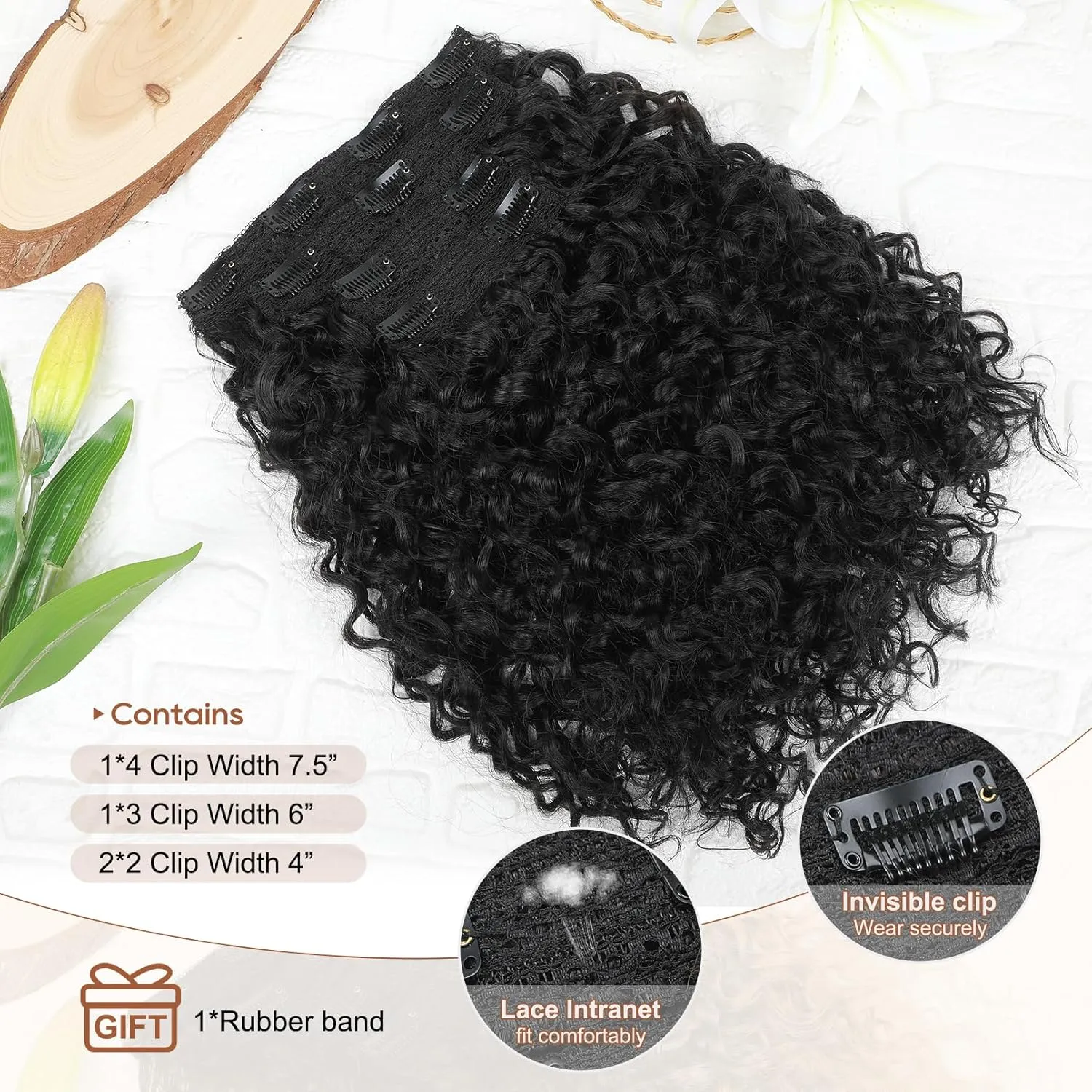 FLUFYMOOZ 4PC Clip in Hair Extensions, 14 Inch 100％ Pure Protein Silk Short Hairpiece Deep Curly Wavy Hair Extensions Clip in Natural Soft Hairpiece for Women-Black
