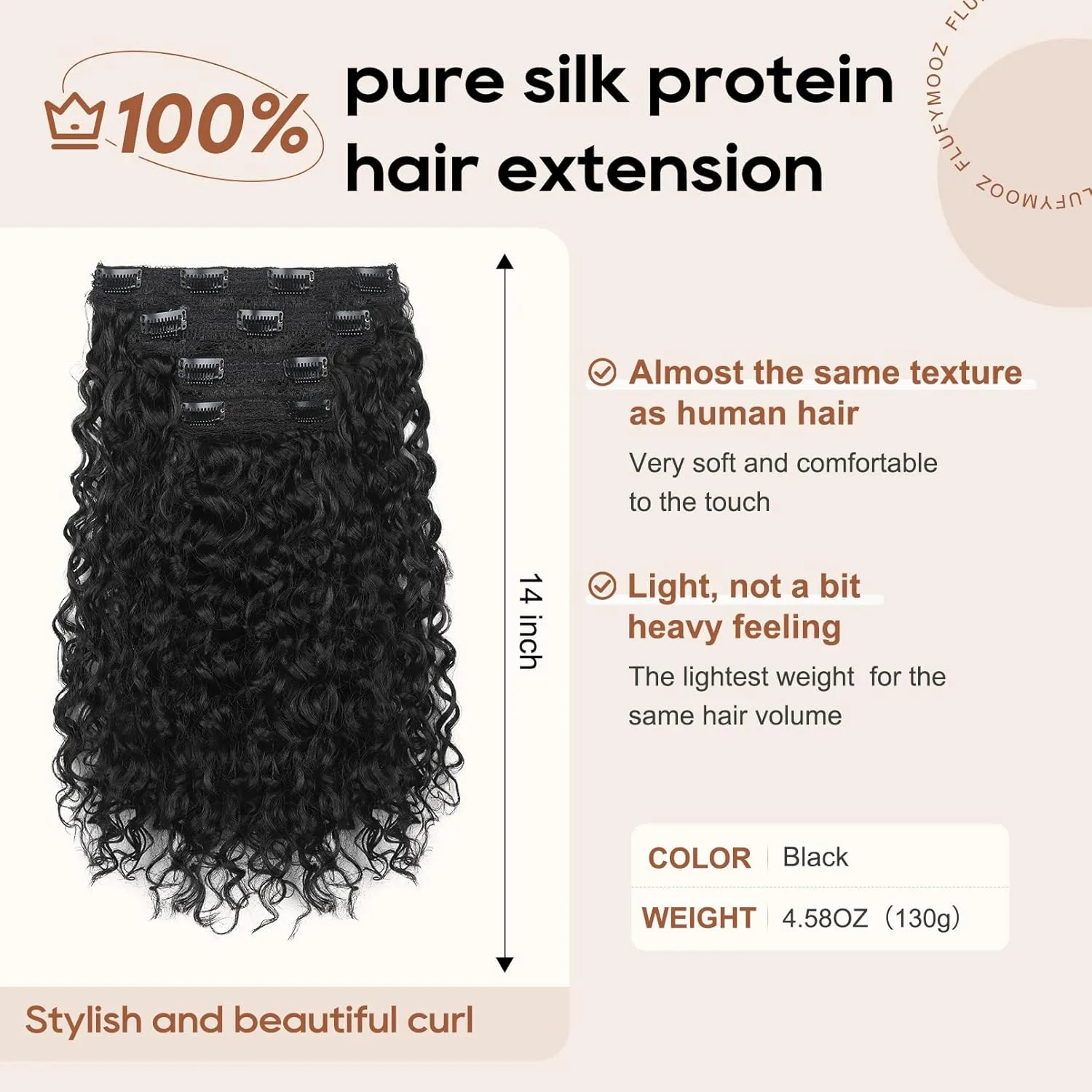 FLUFYMOOZ 4PC Clip in Hair Extensions, 14 Inch 100％ Pure Protein Silk Short Hairpiece Deep Curly Wavy Hair Extensions Clip in Natural Soft Hairpiece for Women-Black