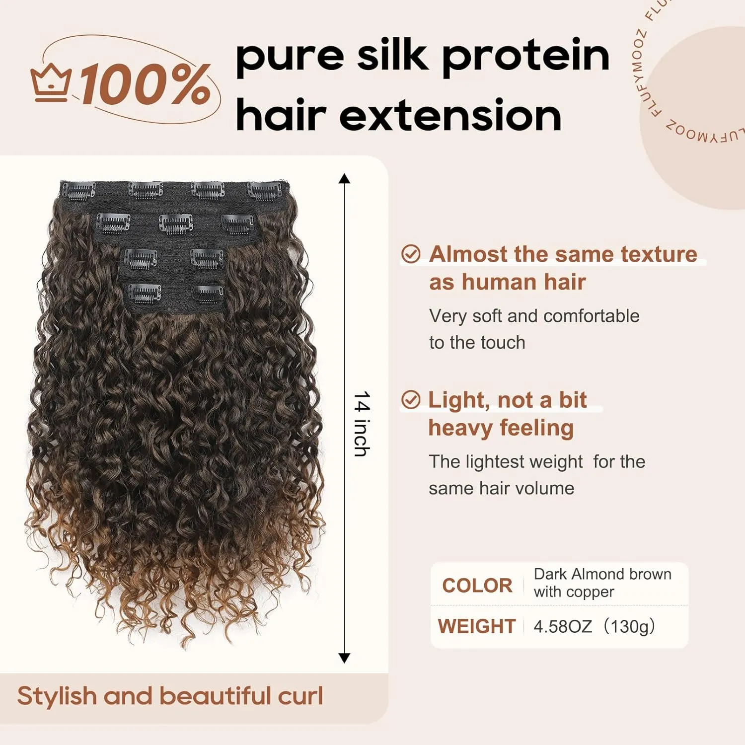 FLUFYMOOZ 4PC Clip in Hair Extensions, 14 Inch 100％ Pure Protein Silk Short Hairpiece Deep Curly Wavy Hair Extensions Clip in Natural Soft Hairpiece for Women-Dark Almond brown with copper
