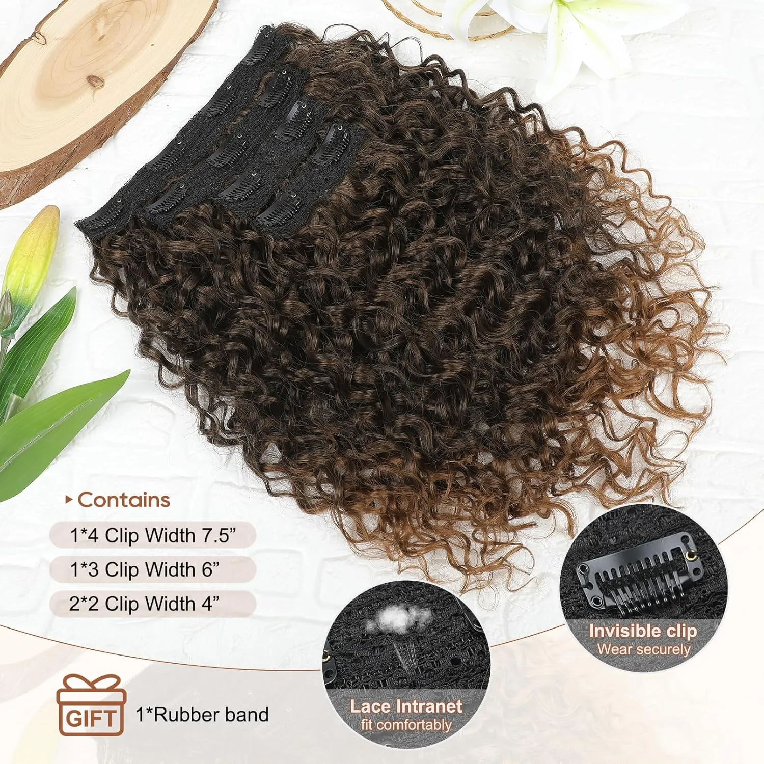 FLUFYMOOZ 4PC Clip in Hair Extensions, 14 Inch 100％ Pure Protein Silk Short Hairpiece Deep Curly Wavy Hair Extensions Clip in Natural Soft Hairpiece for Women-Dark Almond brown with copper