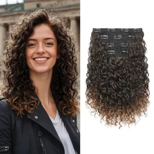 FLUFYMOOZ 4PC Clip in Hair Extensions, 14 Inch 100％ Pure Protein Silk Short Hairpiece Deep Curly Wavy Hair Extensions Clip in Natural Soft Hairpiece for Women-Dark Almond brown with copper