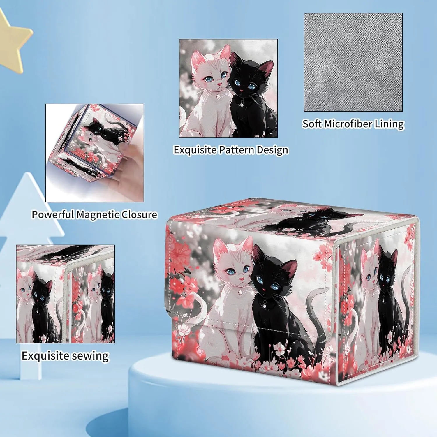 for MTG Commander Deck Box,Card Deck Box for Trading Yugioh MTG,Fits 100 Double Sleeved Cards,PU Leather Strong Magnet Case for Magic Commander TCG CCG,Pink Flower Cat