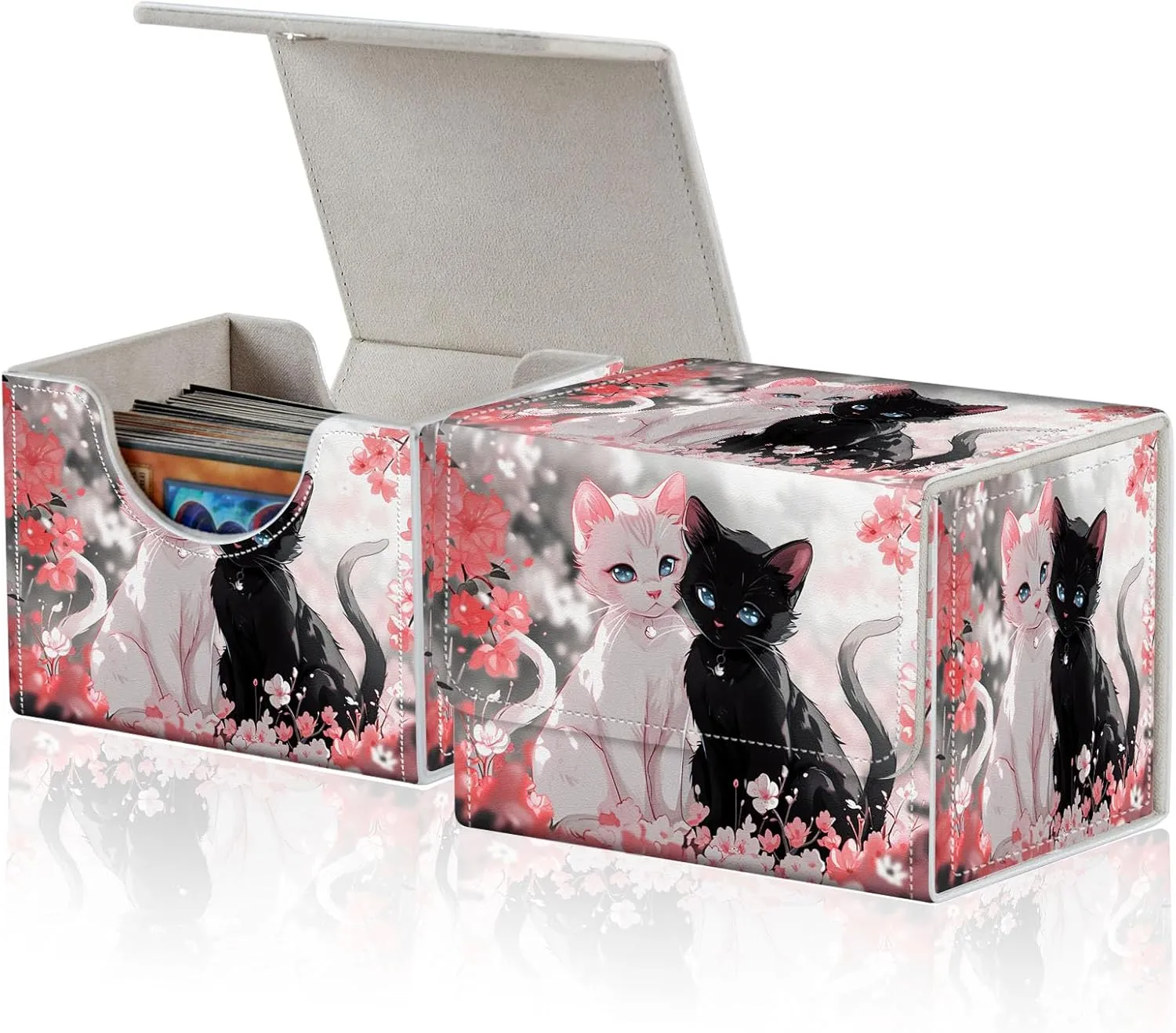 for MTG Commander Deck Box,Card Deck Box for Trading Yugioh MTG,Fits 100 Double Sleeved Cards,PU Leather Strong Magnet Case for Magic Commander TCG CCG,Pink Flower Cat