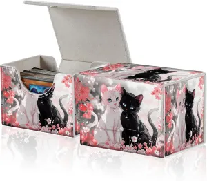 for MTG Commander Deck Box,Card Deck Box for Trading Yugioh MTG,Fits 100 Double Sleeved Cards,PU Leather Strong Magnet Case for Magic Commander TCG CCG,Pink Flower Cat