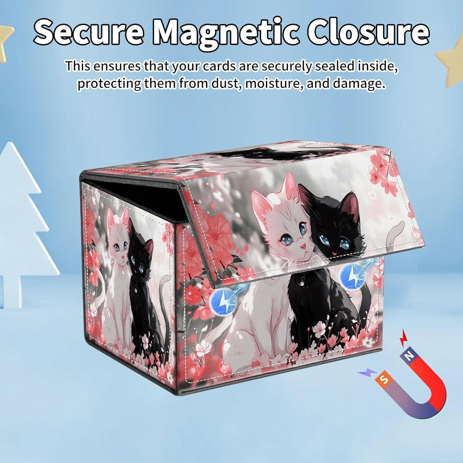 for MTG Commander Deck Box,Card Deck Box for Trading Yugioh MTG,Fits 100 Double Sleeved Cards,PU Leather Strong Magnet Case for Magic Commander TCG CCG,Pink Flower Cat