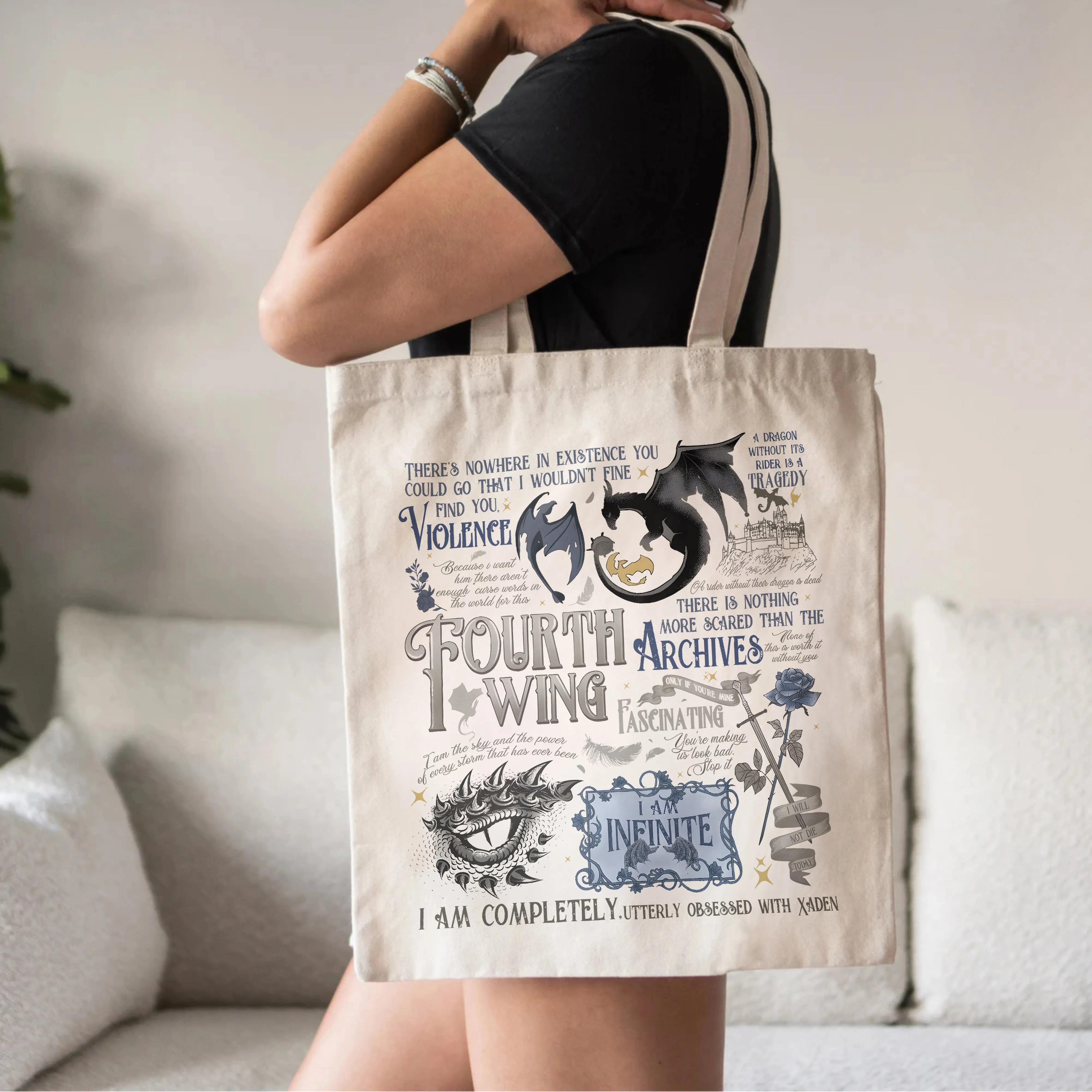 Fourth Wing Quote Tote – Xaden Obsessed Book Bag