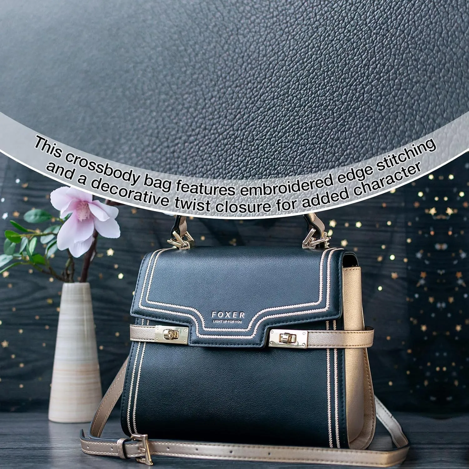 FOXLOVER Embroidery Flap Top-handle Bags for Women Crossbody Leather Purses Medium Size Magnetic Closure