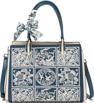 FOXLOVER Leather Satchel Handbags for Women Tote Shoulder Bag vintage Crossbody Bag Purse Top Handle bag with Embroidery
