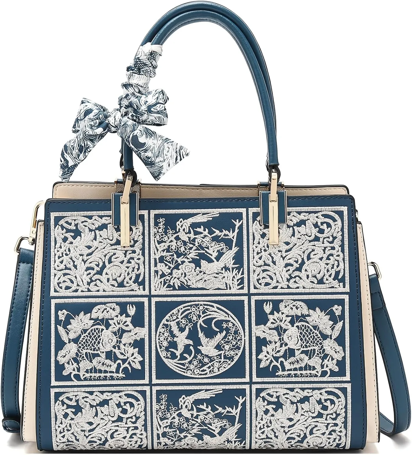 FOXLOVER Leather Satchel Handbags for Women Tote Shoulder Bag vintage Crossbody Bag Purse Top Handle bag with Embroidery