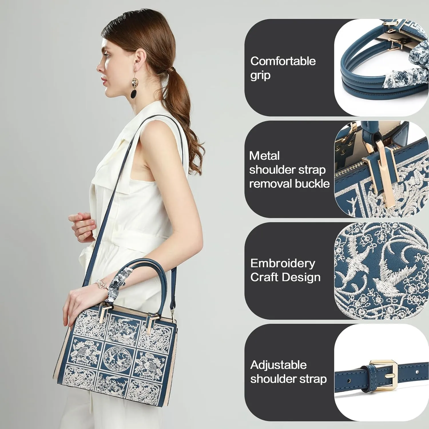 FOXLOVER Leather Satchel Handbags for Women Tote Shoulder Bag vintage Crossbody Bag Purse Top Handle bag with Embroidery