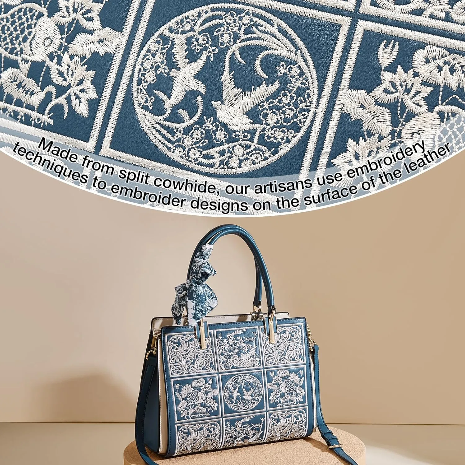 FOXLOVER Leather Satchel Handbags for Women Tote Shoulder Bag vintage Crossbody Bag Purse Top Handle bag with Embroidery