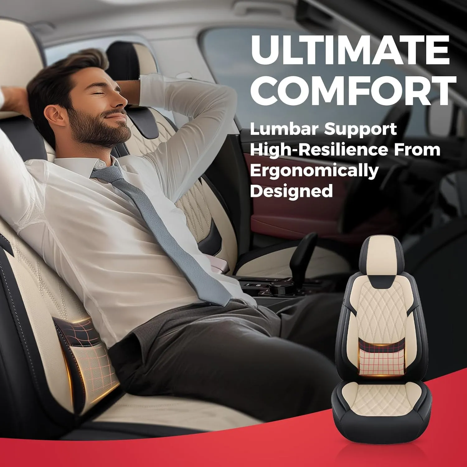 FREESOO Black Beige Car Seat Covers Full Set - Faux Nappa Leather Seat Covers for Cars, Luxury Breathable Waterproof Front Seats with Lumbar Support and Back Seat Cover, Fit for Sedans SUVs Pick-ups