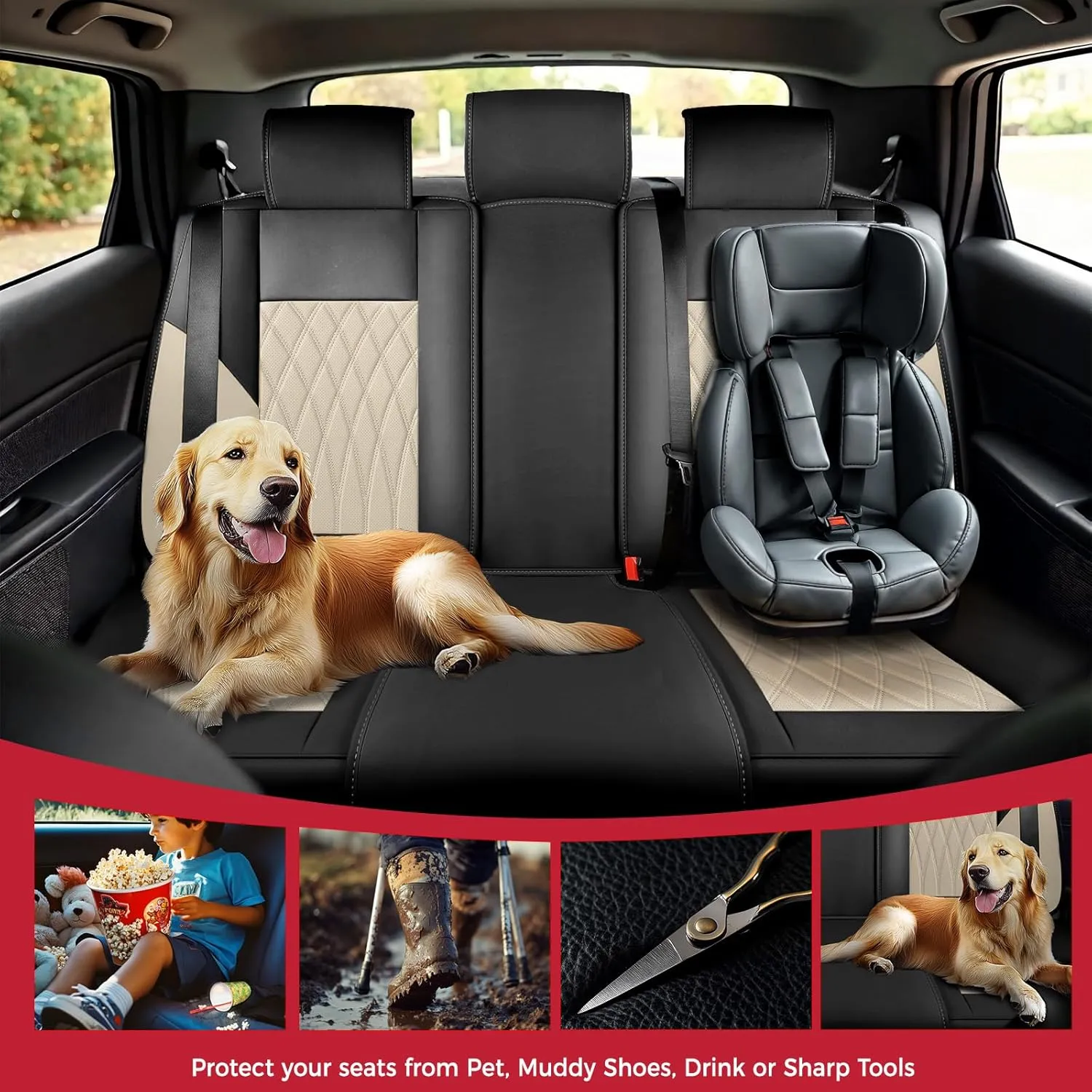 FREESOO Black Beige Car Seat Covers Full Set - Faux Nappa Leather Seat Covers for Cars, Luxury Breathable Waterproof Front Seats with Lumbar Support and Back Seat Cover, Fit for Sedans SUVs Pick-ups