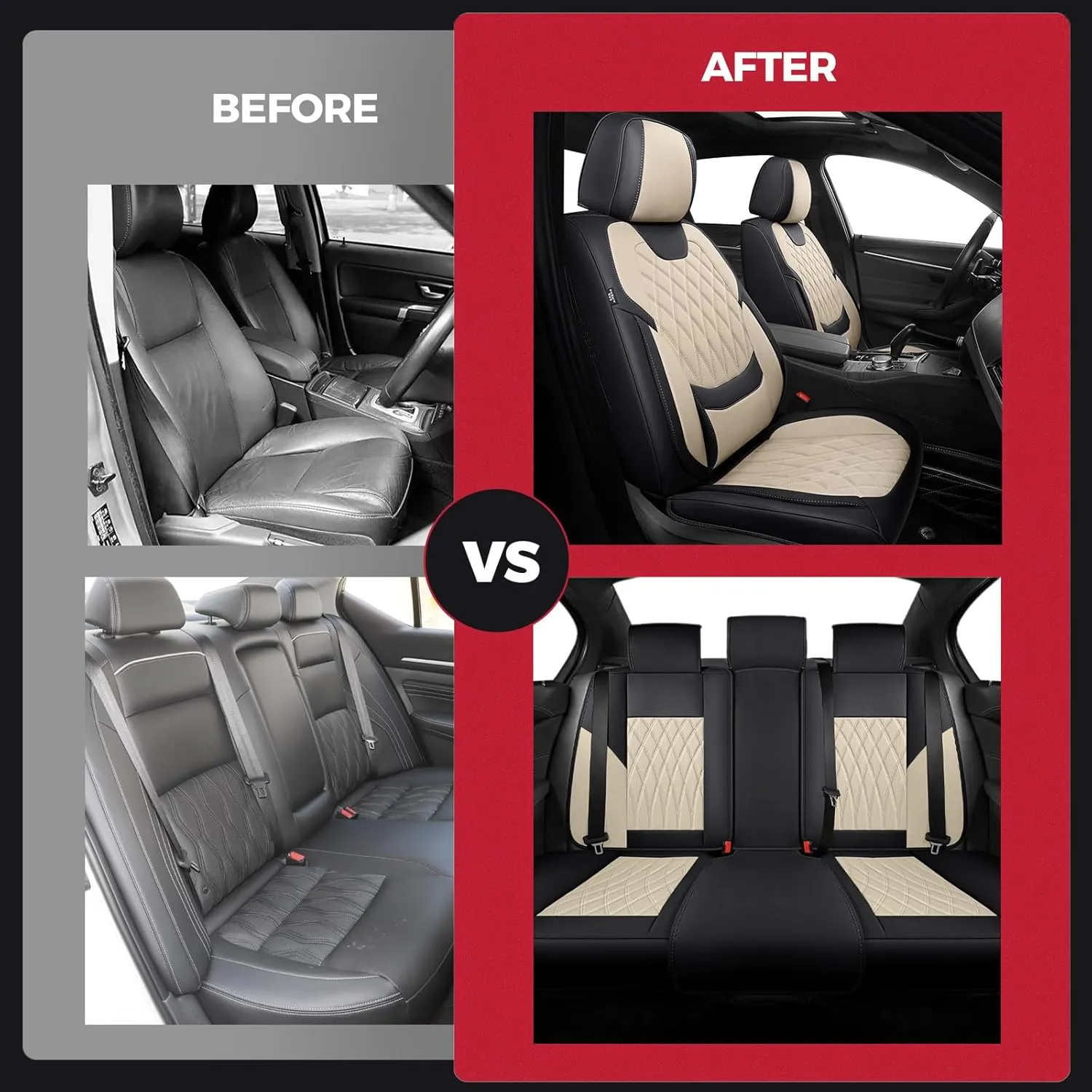 FREESOO Black Beige Car Seat Covers Full Set - Faux Nappa Leather Seat Covers for Cars, Luxury Breathable Waterproof Front Seats with Lumbar Support and Back Seat Cover, Fit for Sedans SUVs Pick-ups