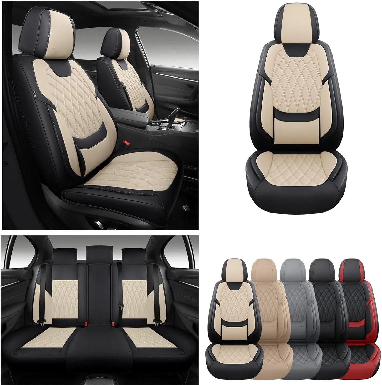FREESOO Black Beige Car Seat Covers Full Set - Faux Nappa Leather Seat Covers for Cars, Luxury Breathable Waterproof Front Seats with Lumbar Support and Back Seat Cover, Fit for Sedans SUVs Pick-ups