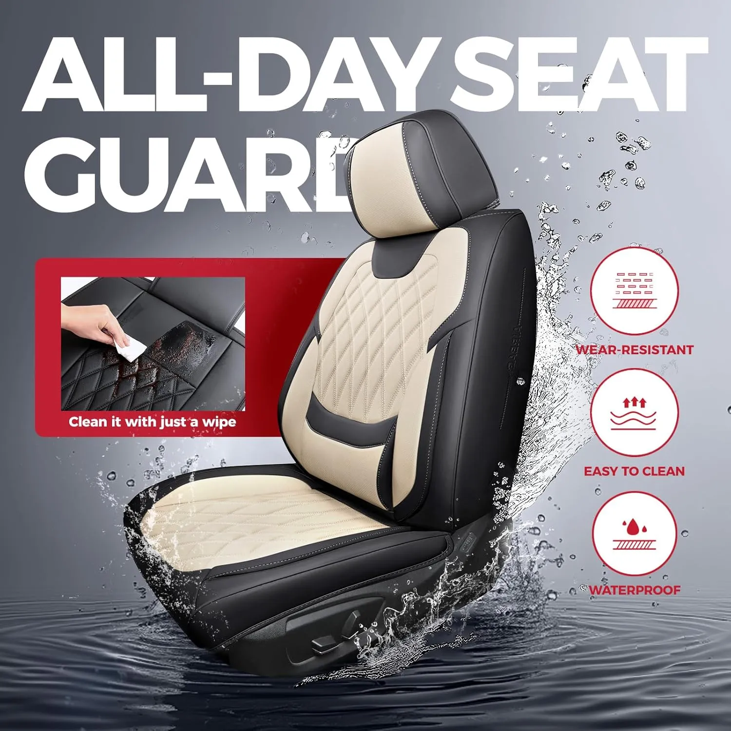 FREESOO Black Beige Car Seat Covers Full Set - Faux Nappa Leather Seat Covers for Cars, Luxury Breathable Waterproof Front Seats with Lumbar Support and Back Seat Cover, Fit for Sedans SUVs Pick-ups