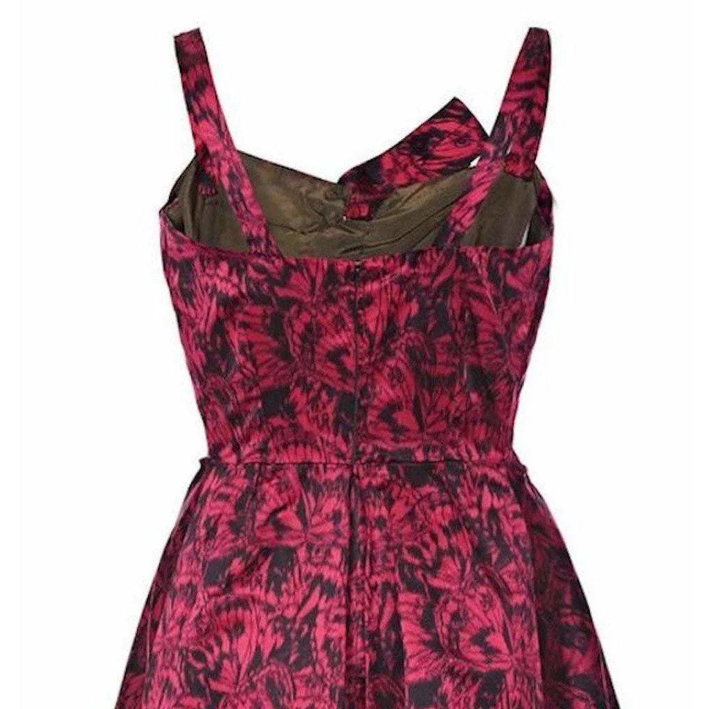 French Couture 1950s Red Silk Butterfly Print Dress
