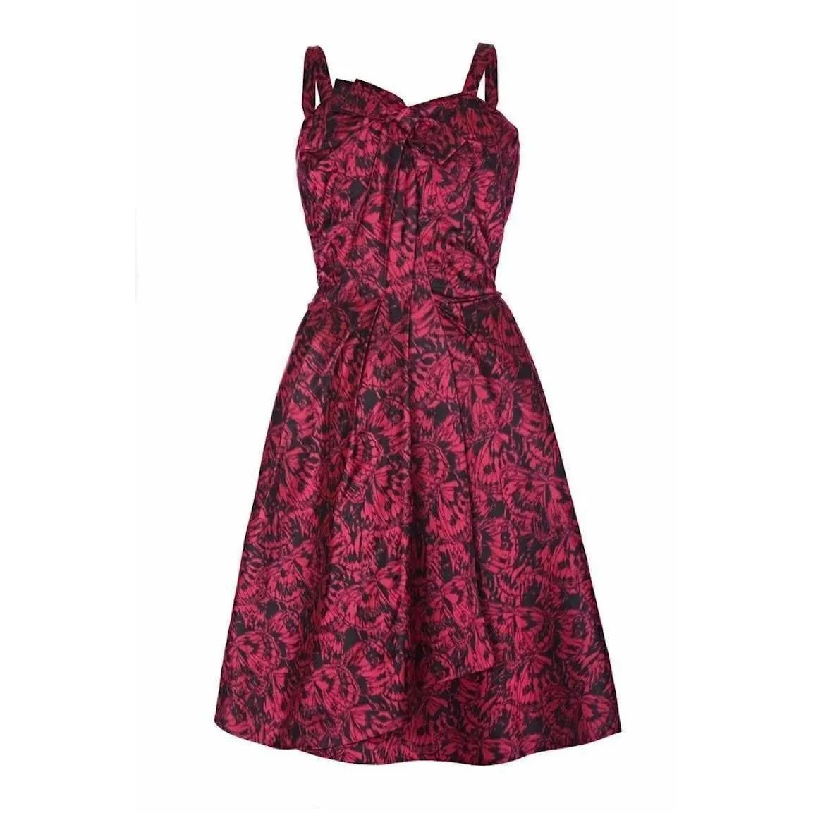 French Couture 1950s Red Silk Butterfly Print Dress