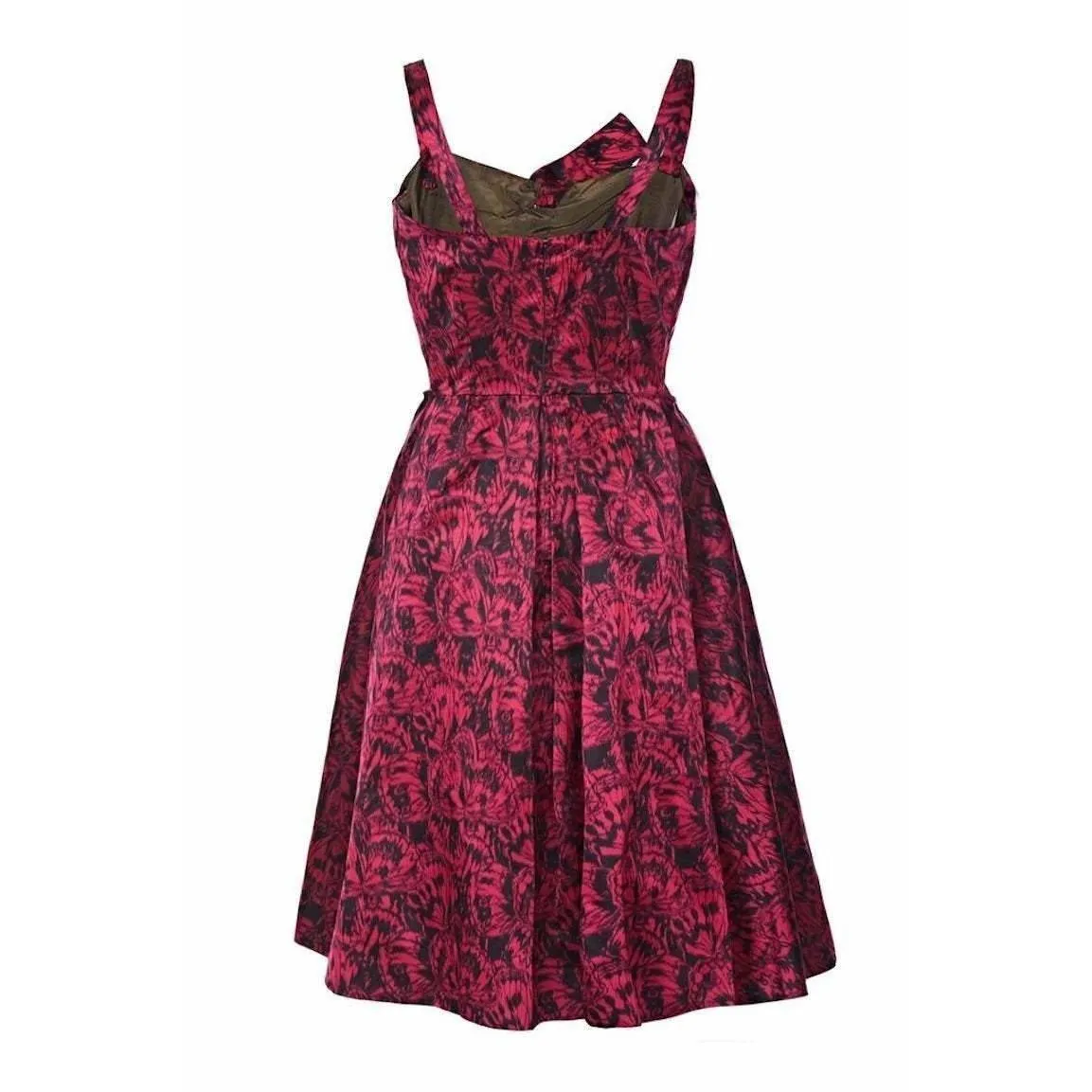 French Couture 1950s Red Silk Butterfly Print Dress