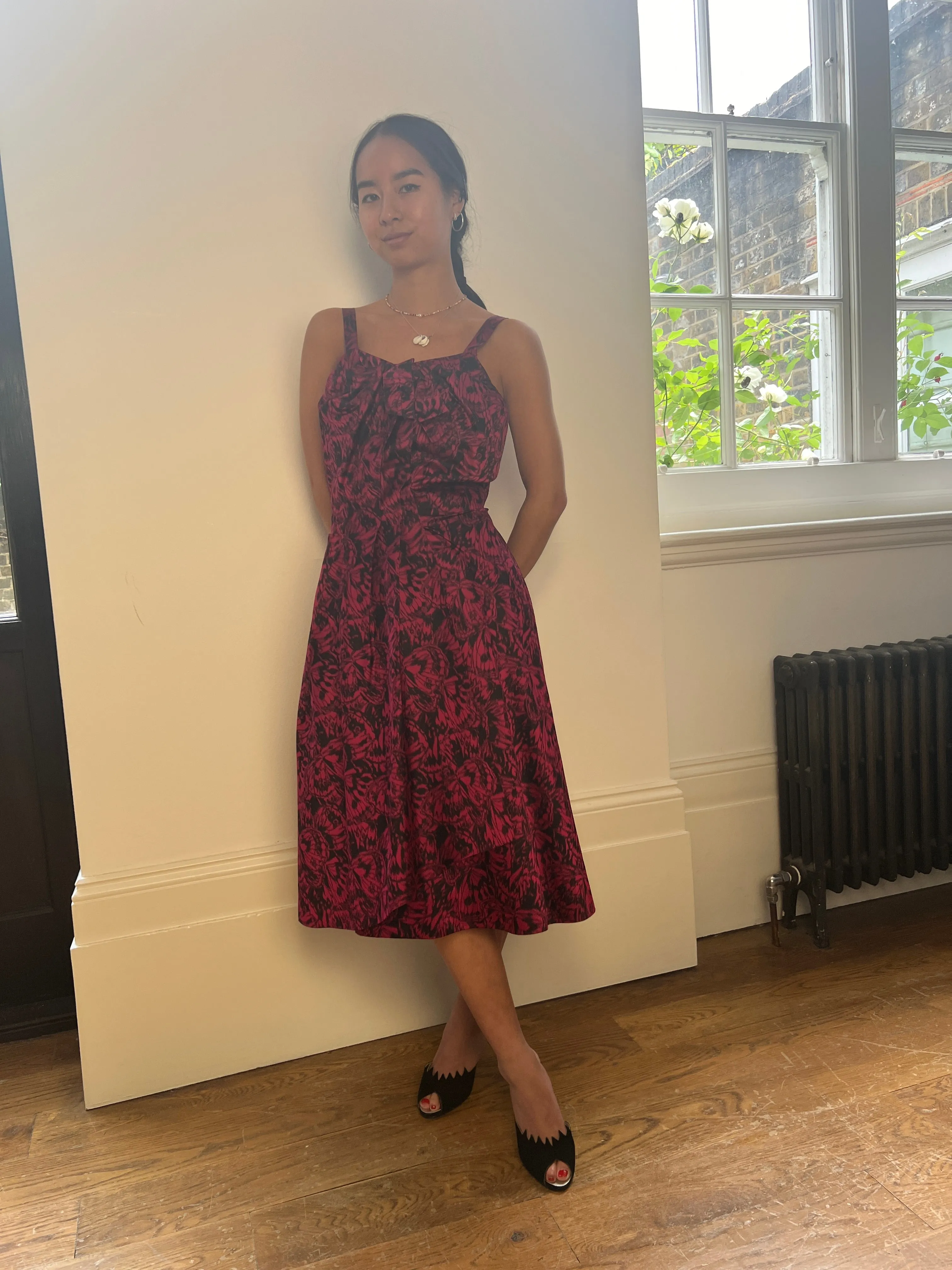 French Couture 1950s Red Silk Butterfly Print Dress