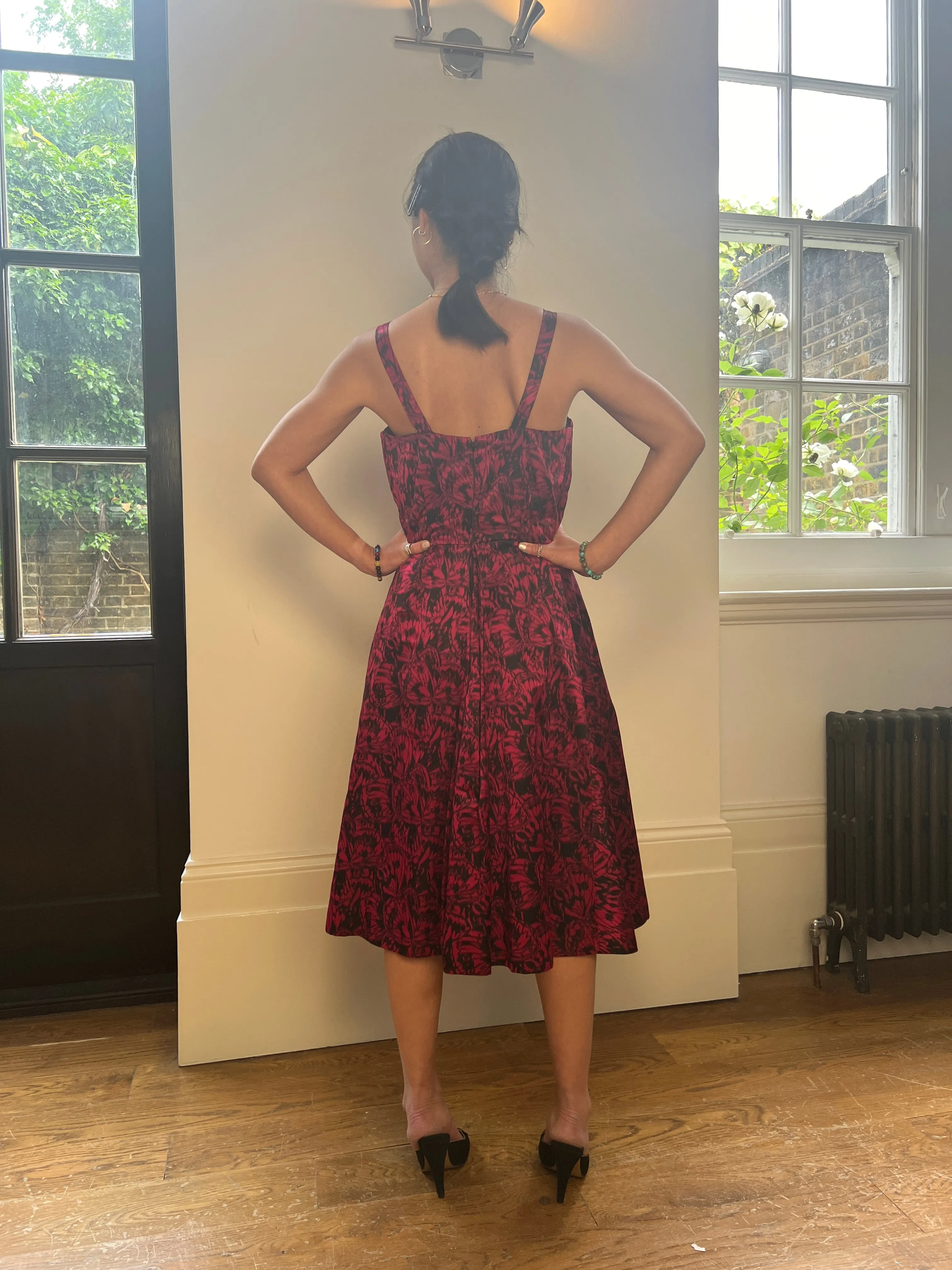 French Couture 1950s Red Silk Butterfly Print Dress