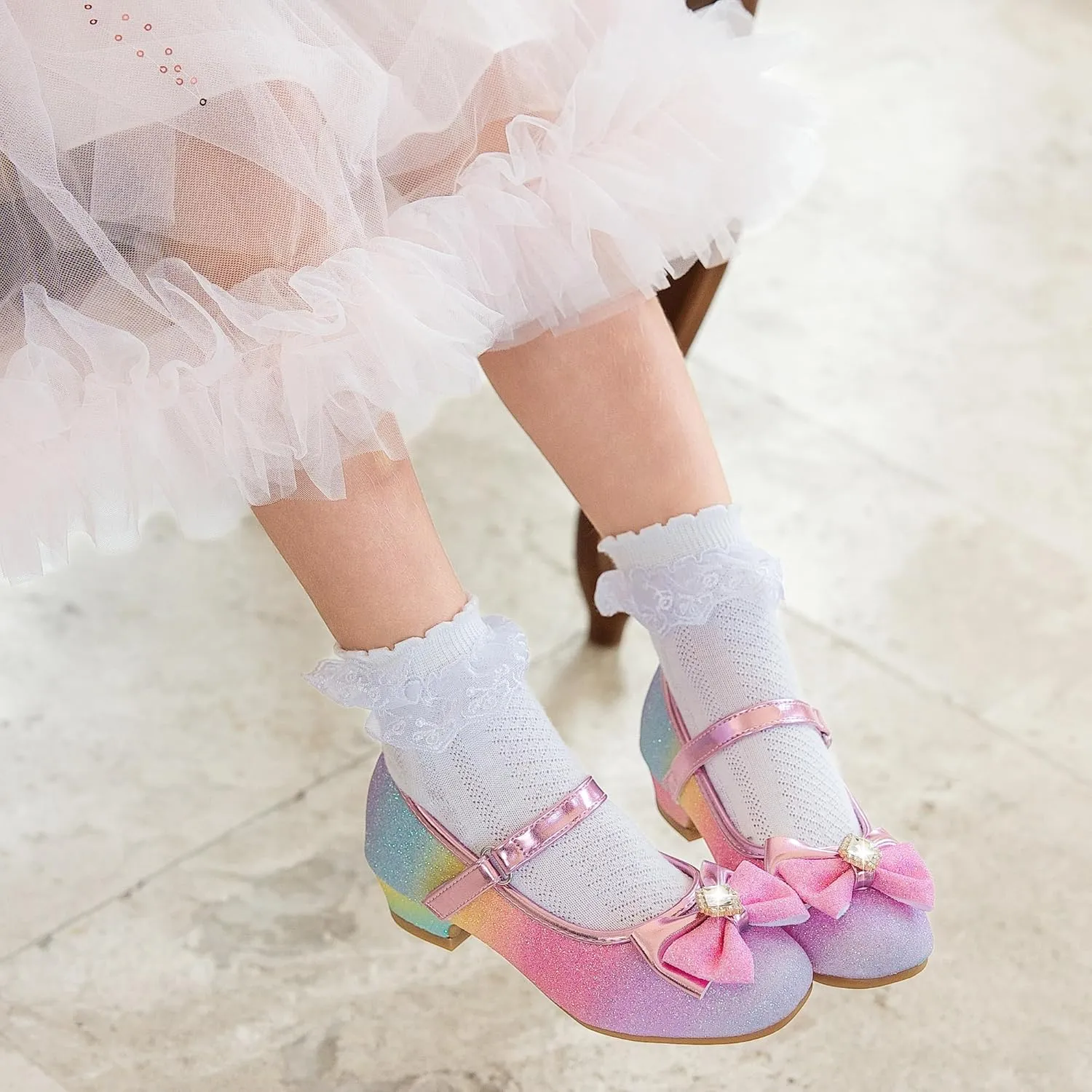 Furdeour Girls Dress Shoes Mary Jane Wedding Flower Bridesmaids Heels Glitter Princess Shoes for Kids Toddler