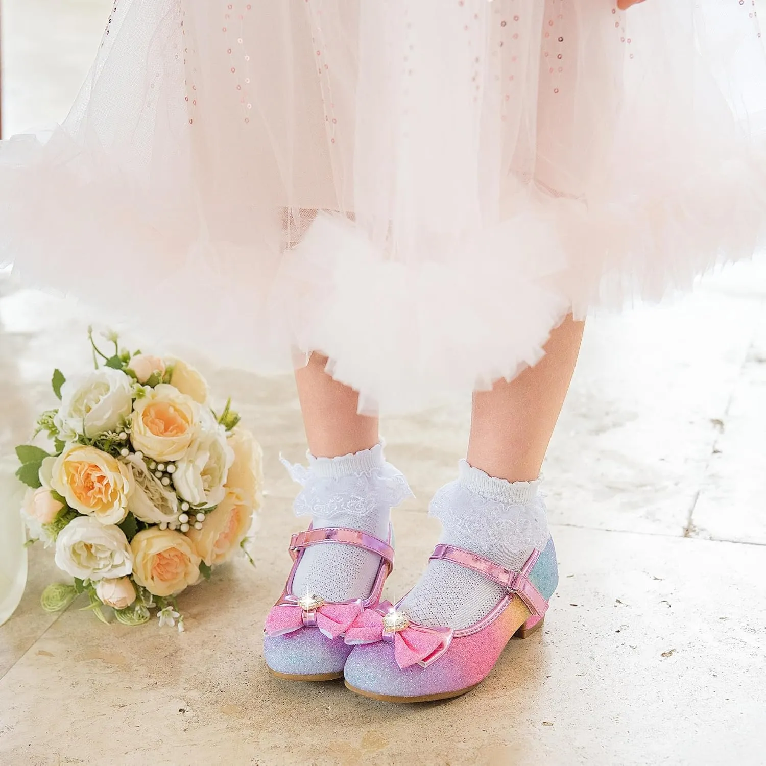 Furdeour Girls Dress Shoes Mary Jane Wedding Flower Bridesmaids Heels Glitter Princess Shoes for Kids Toddler