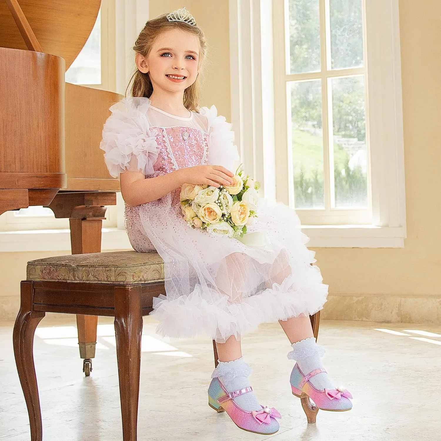 Furdeour Girls Dress Shoes Mary Jane Wedding Flower Bridesmaids Heels Glitter Princess Shoes for Kids Toddler