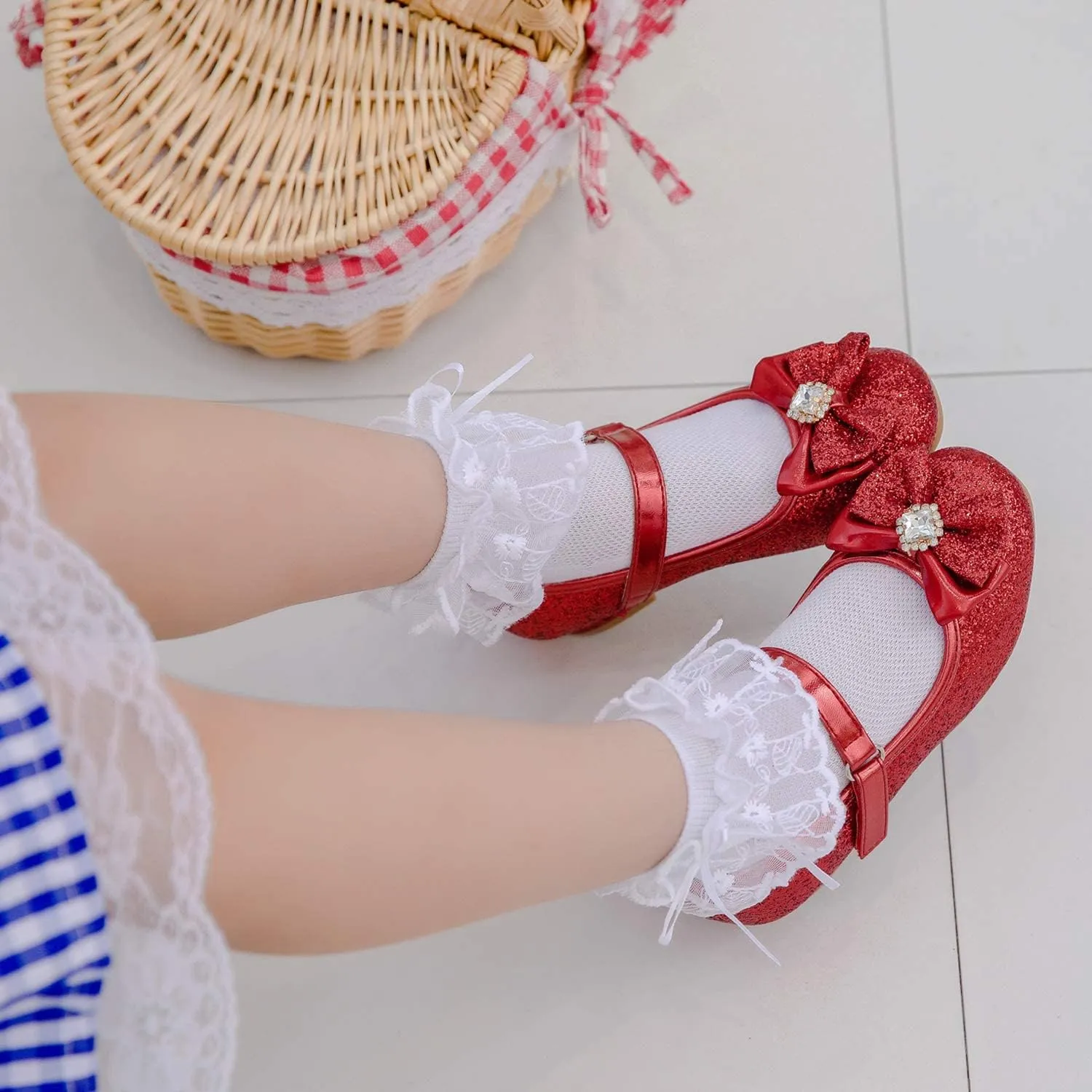 Furdeour Girls Dress Shoes Mary Jane Wedding Flower Bridesmaids Heels Glitter Princess Shoes for Kids Toddler
