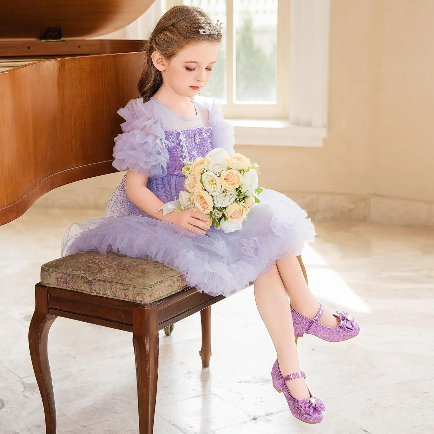 Furdeour Girls Dress Shoes Mary Jane Wedding Flower Bridesmaids Heels Glitter Princess Shoes for Kids Toddler