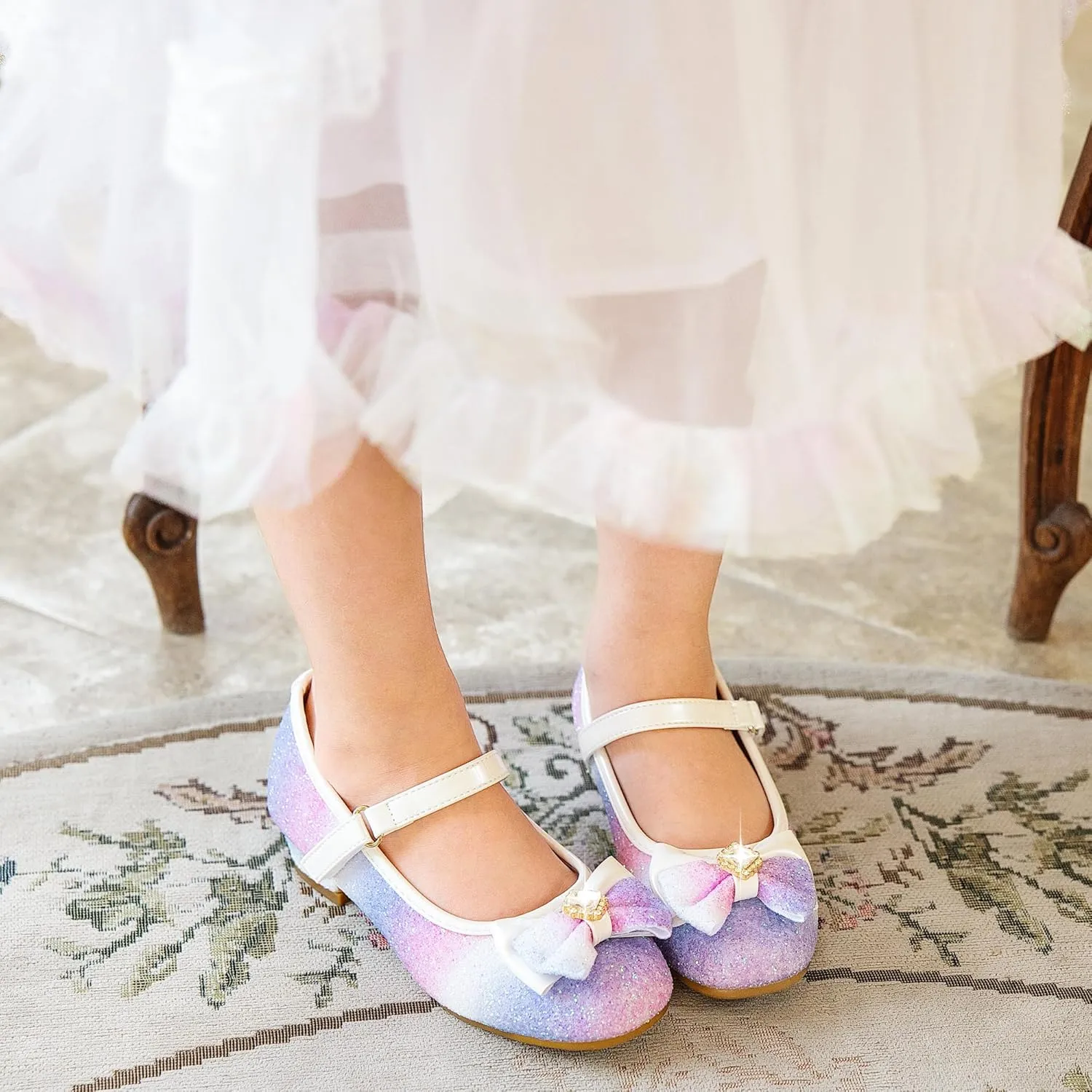Furdeour Girls Dress Shoes Mary Jane Wedding Flower Bridesmaids Heels Glitter Princess Shoes for Kids Toddler