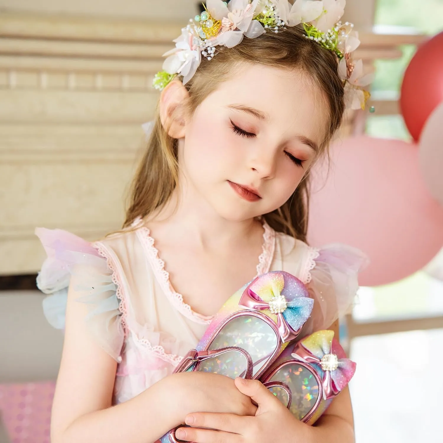 Furdeour Girls Dress Shoes Mary Jane Wedding Flower Bridesmaids Heels Glitter Princess Shoes for Kids Toddler