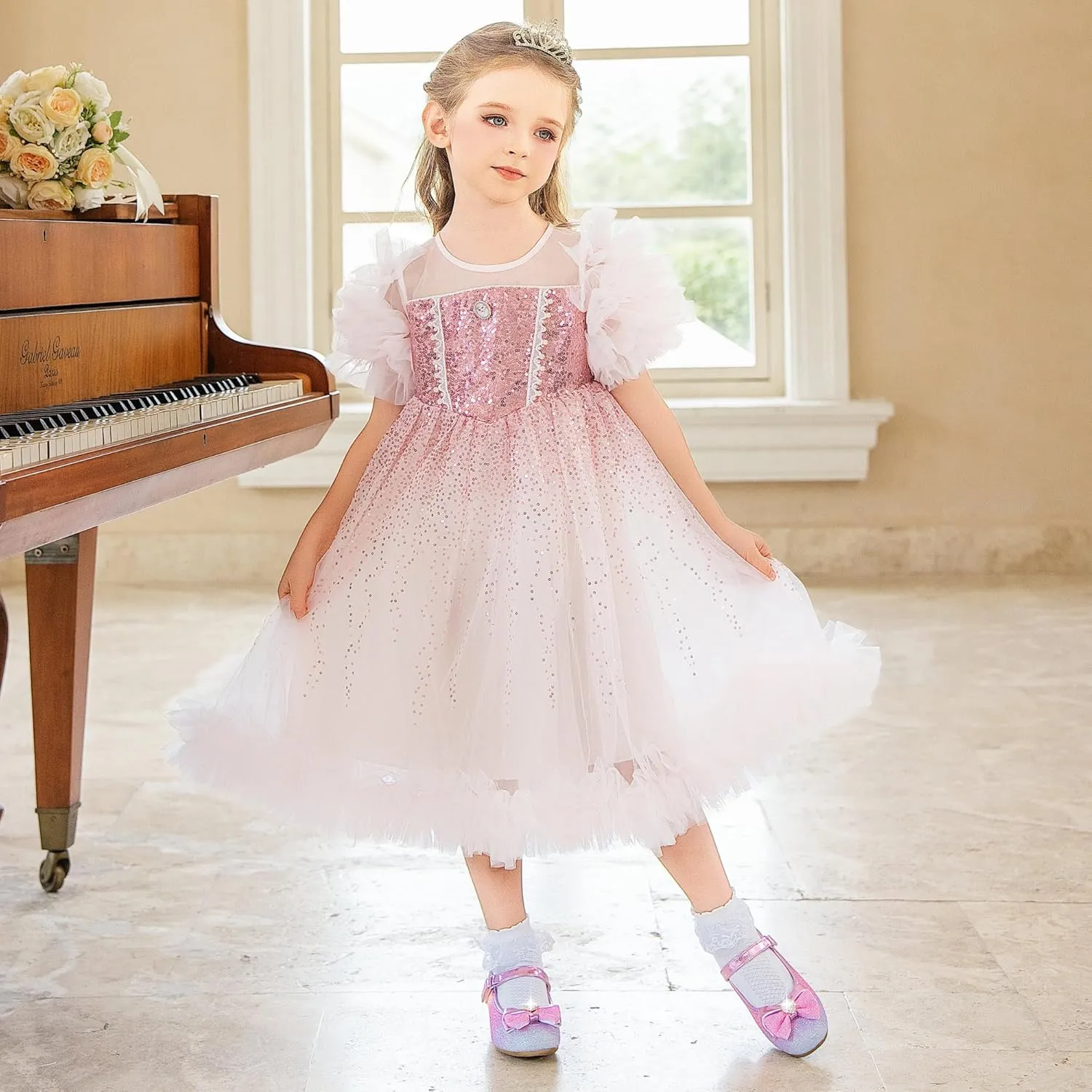 Furdeour Girls Dress Shoes Mary Jane Wedding Flower Bridesmaids Heels Glitter Princess Shoes for Kids Toddler