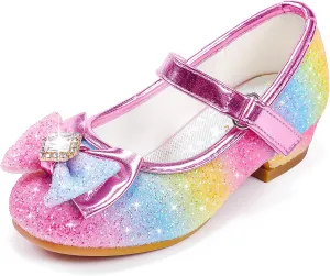 Furdeour Girls Dress Shoes Mary Jane Wedding Flower Bridesmaids Heels Glitter Princess Shoes for Kids Toddler