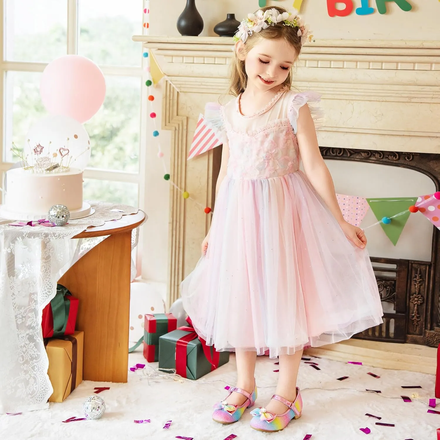 Furdeour Girls Dress Shoes Mary Jane Wedding Flower Bridesmaids Heels Glitter Princess Shoes for Kids Toddler