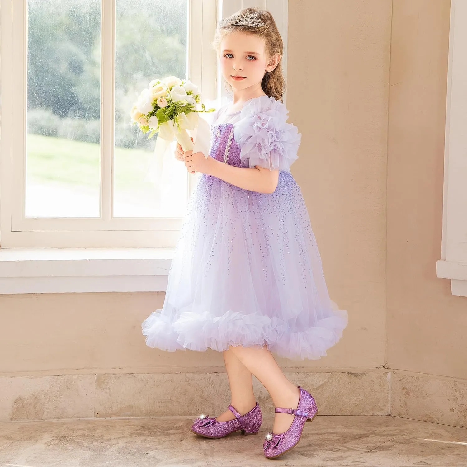 Furdeour Girls Dress Shoes Mary Jane Wedding Flower Bridesmaids Heels Glitter Princess Shoes for Kids Toddler