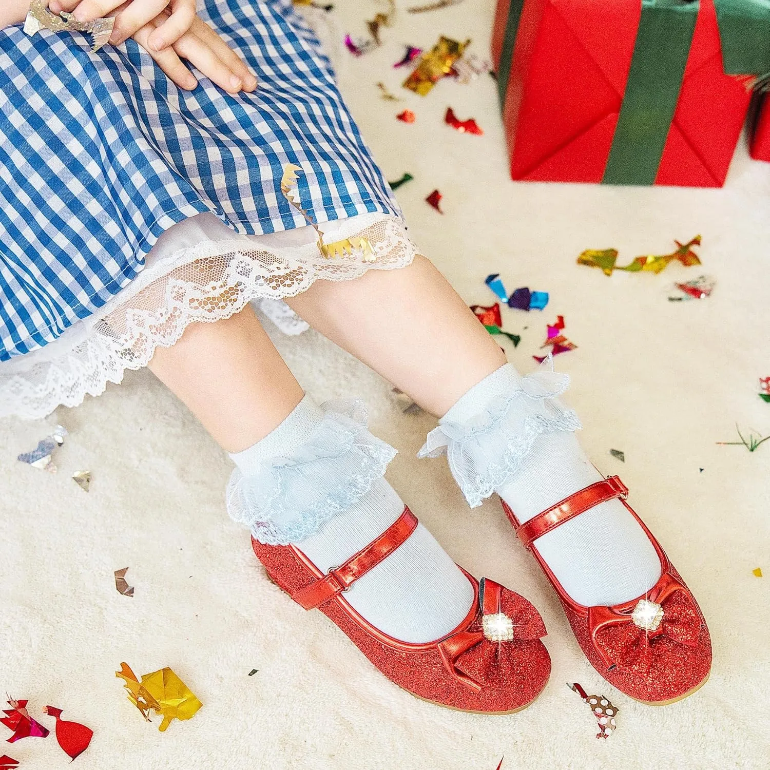 Furdeour Girls Dress Shoes Mary Jane Wedding Flower Bridesmaids Heels Glitter Princess Shoes for Kids Toddler