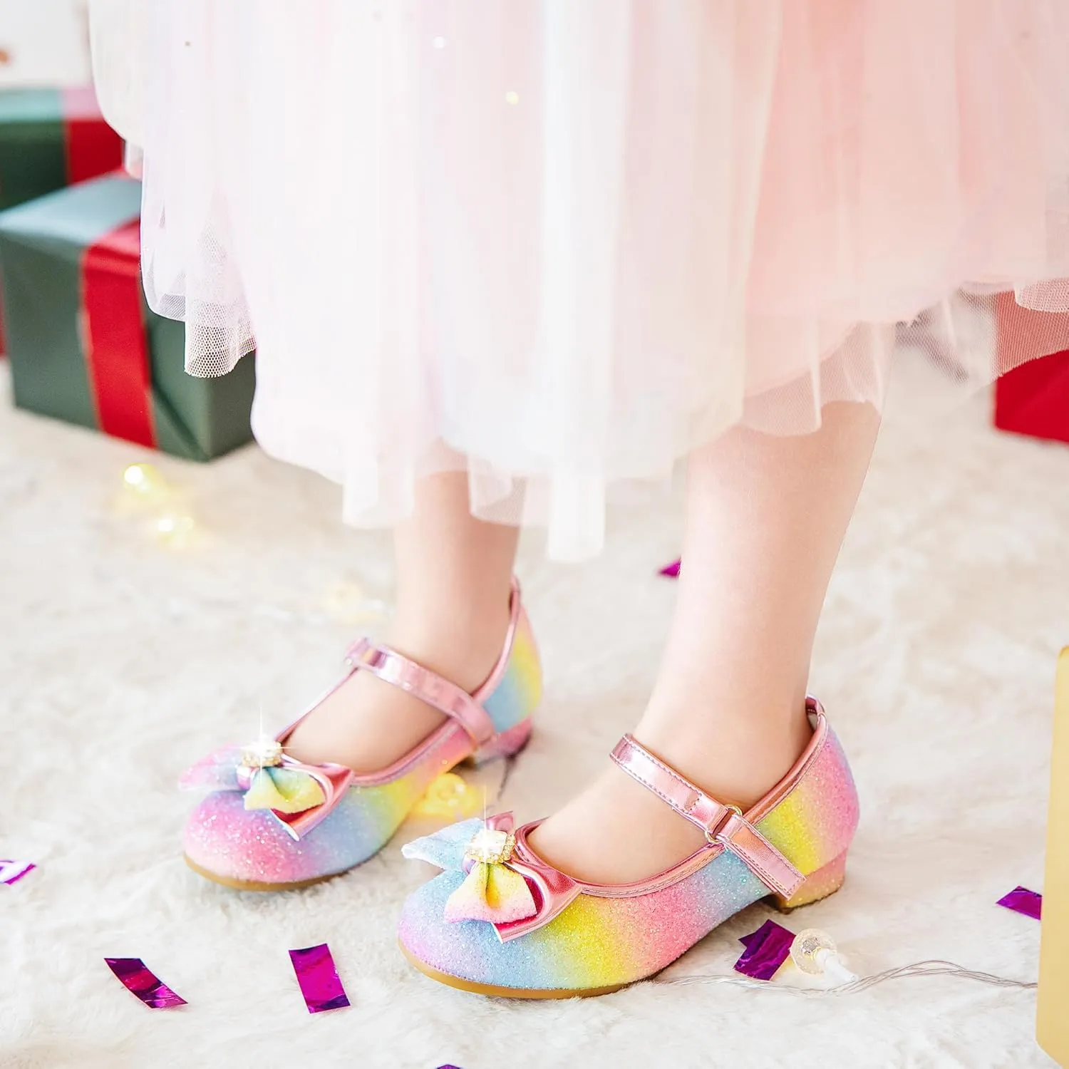 Furdeour Girls Dress Shoes Mary Jane Wedding Flower Bridesmaids Heels Glitter Princess Shoes for Kids Toddler