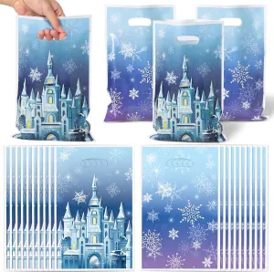 FVhujuan Winter Party Favor Bags - 50Pcs Blue Snowflakes Gift Bags, Princess Goody Treat Bags, Castle Themed Party Decoration for Girls Birthday Baby Shower